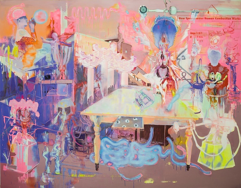 Rui Zhang: Play on Your Table, 2018, oil acrylic spray paint on canvas, 230 x 280 cm 

